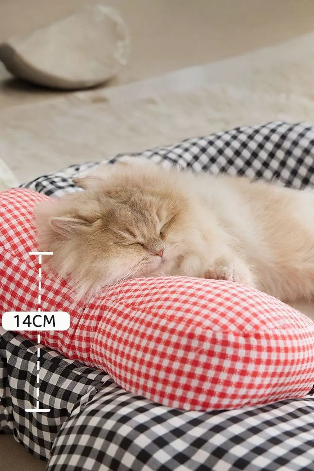 14 cm plaid pet bed mat with bow, red gingham and black check, cozy sleeping pet