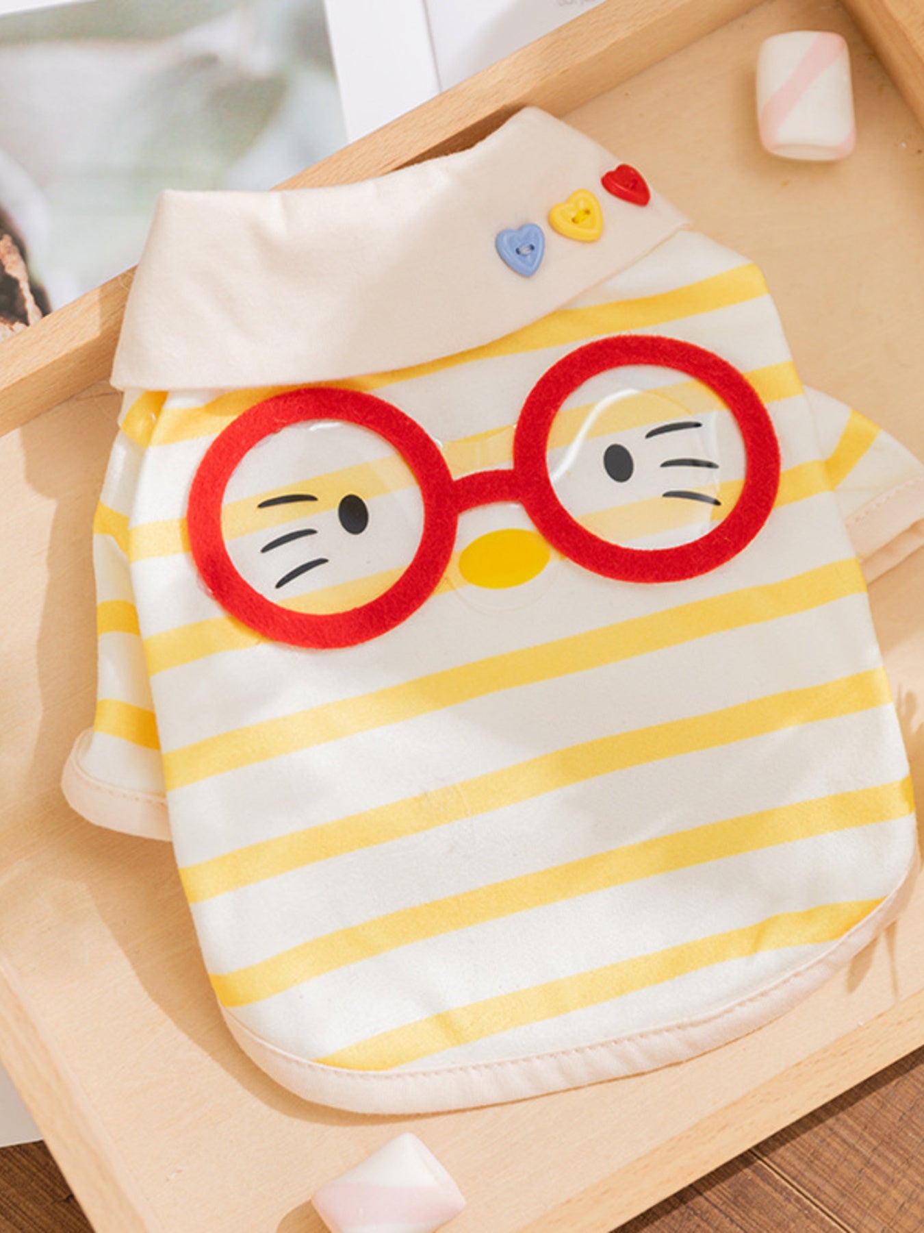 Yellow striped Cartoon Pet Tank with cartoon face eyes and heart buttons