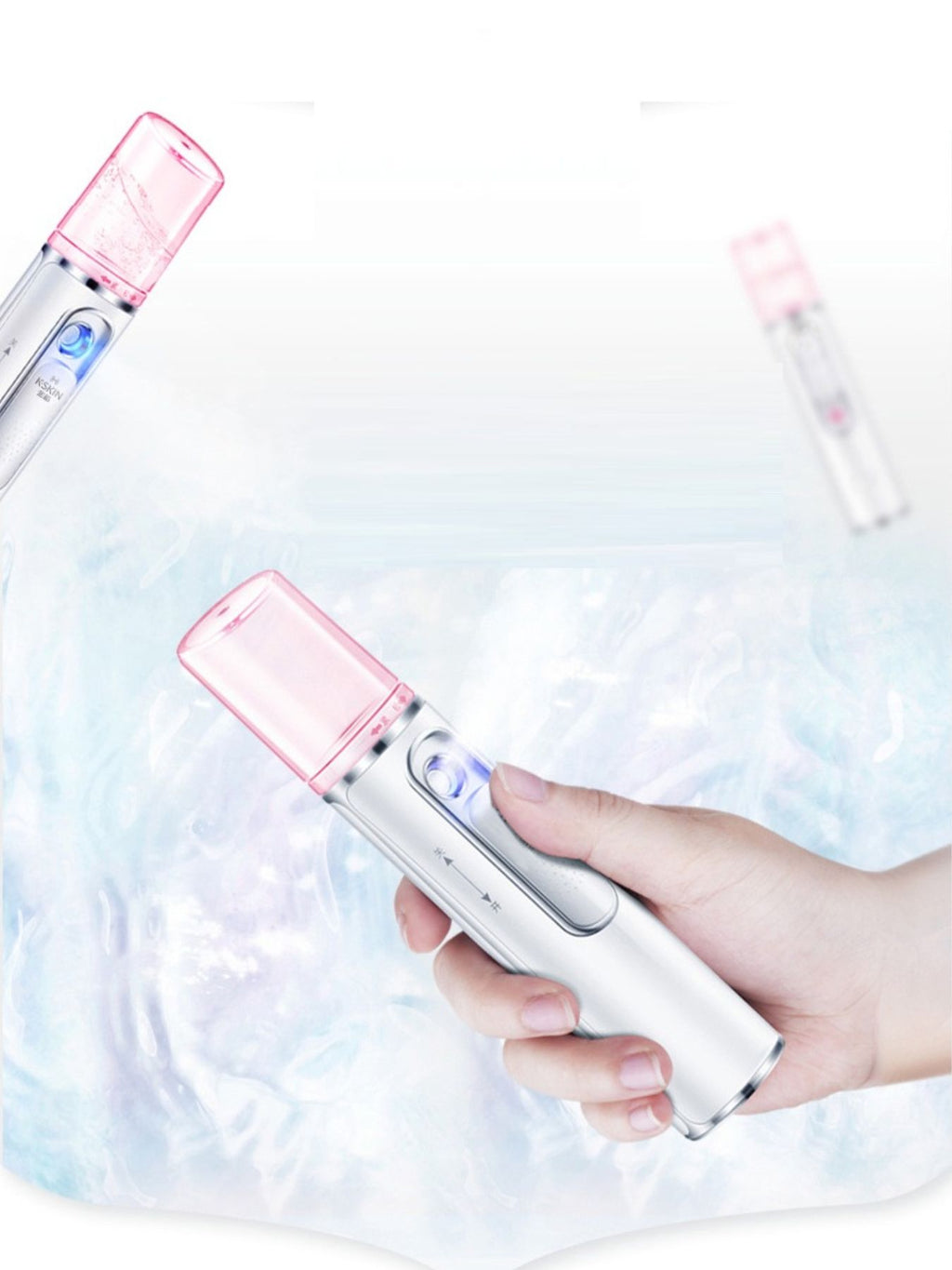Handheld portable facial mister sprayer with pink top and mist nozzle
