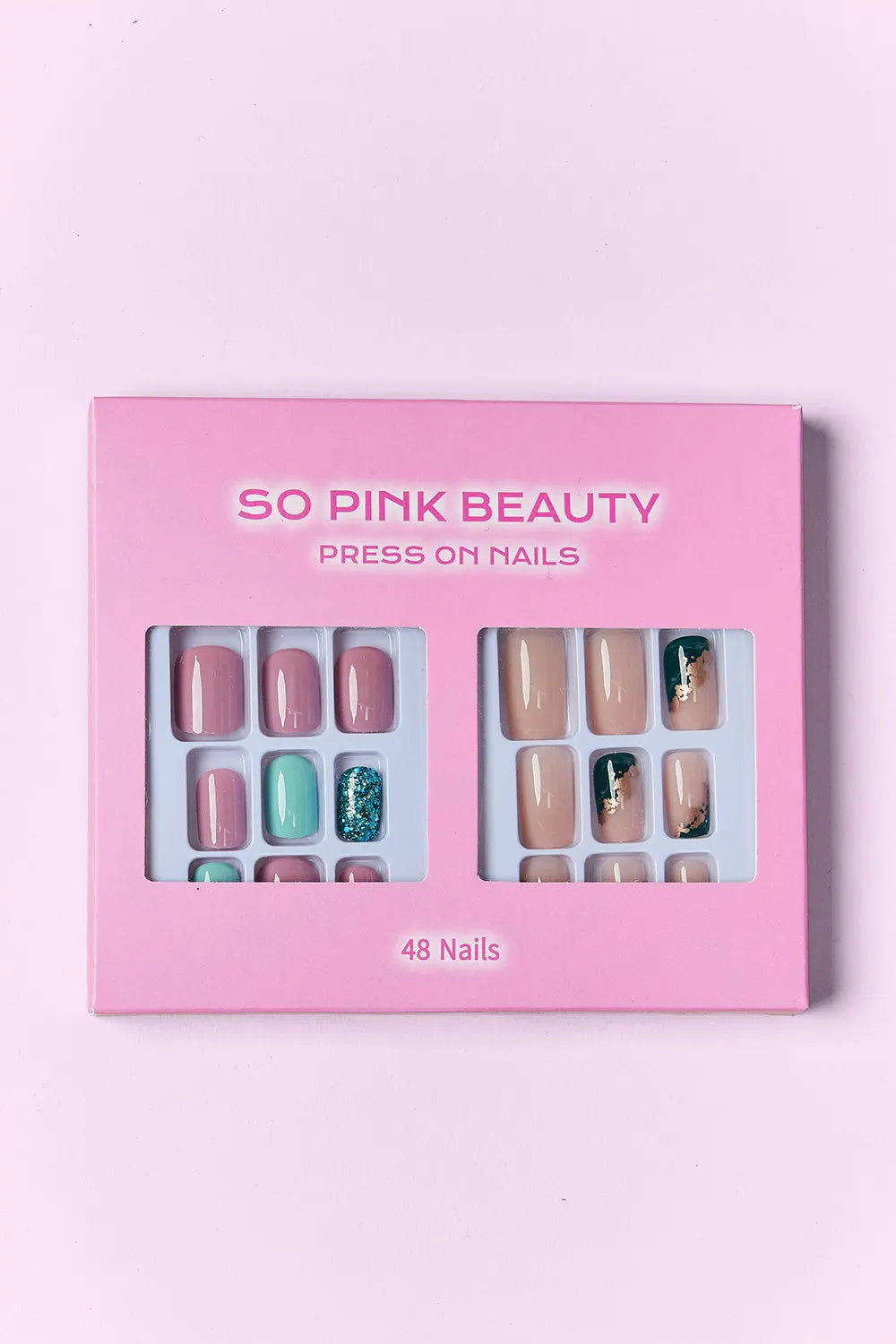 SO PINK BEAUTY press-on nails box with pastel and gold accent sets, 48 nails