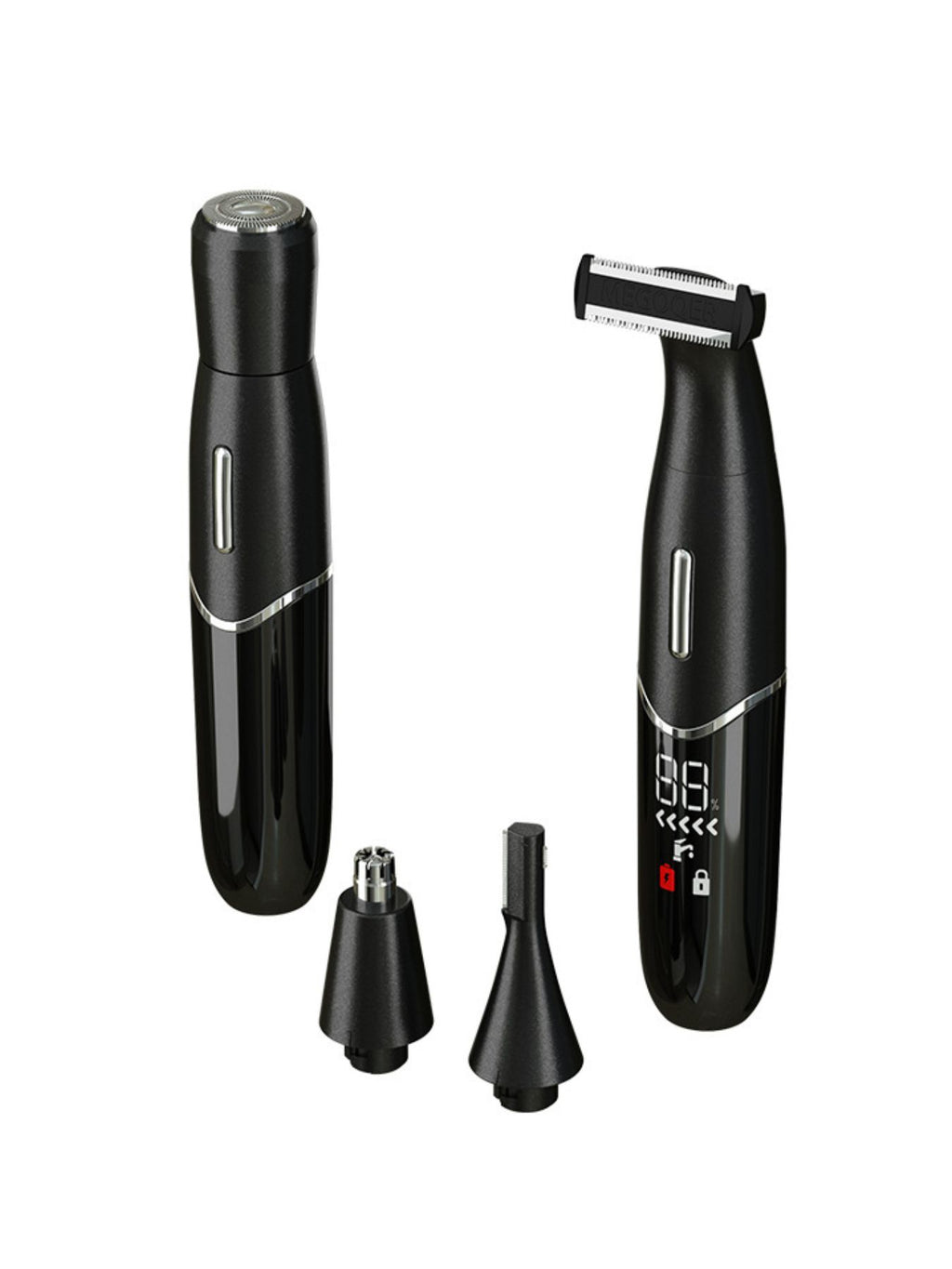 Black epilator kit with foil shaver head, trimmer head, and two attachments