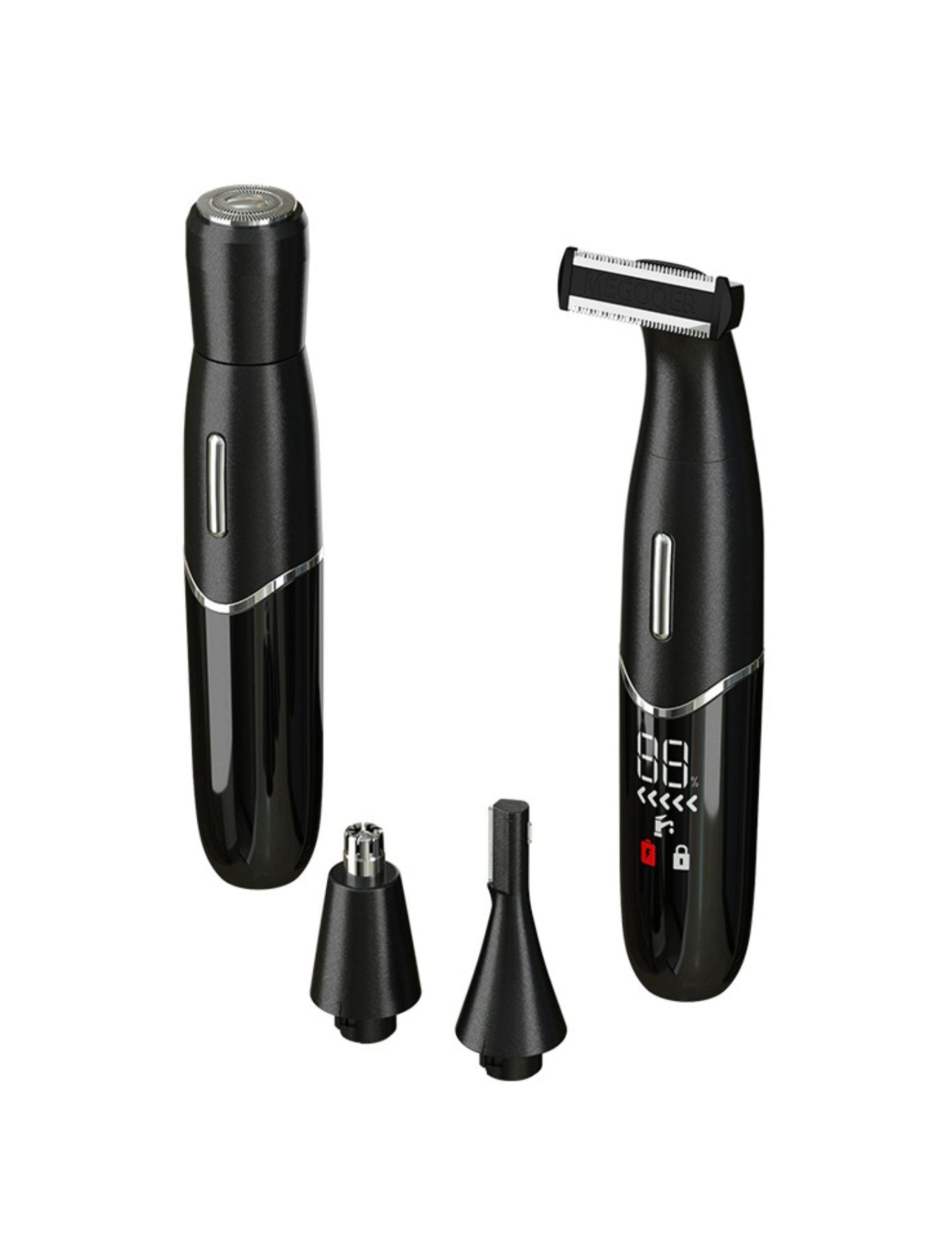 Black epilator kit with foil shaver head, trimmer head, and two attachments