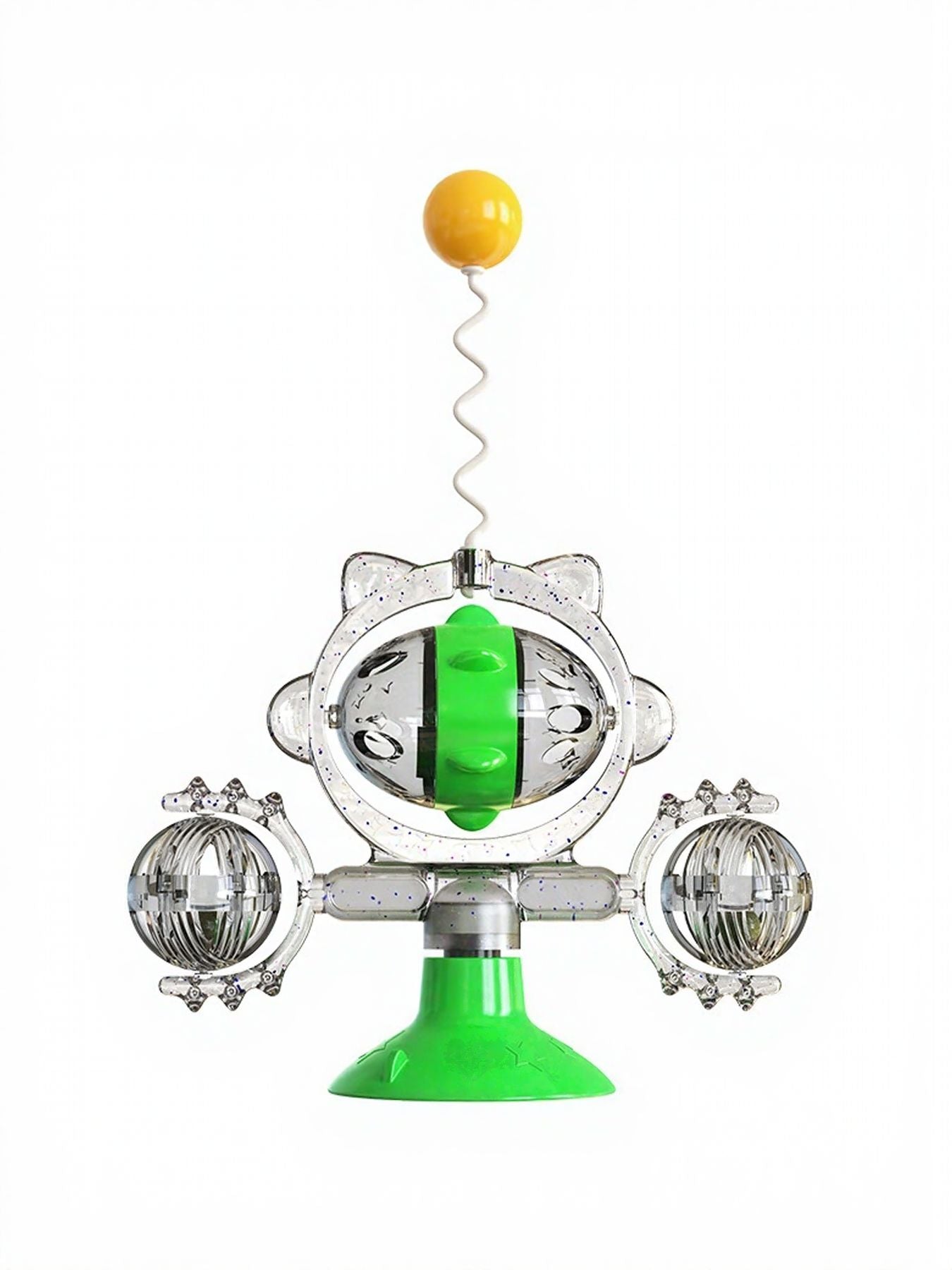 Rotating cat toy with clear ball pods, dangling yellow ball, green base