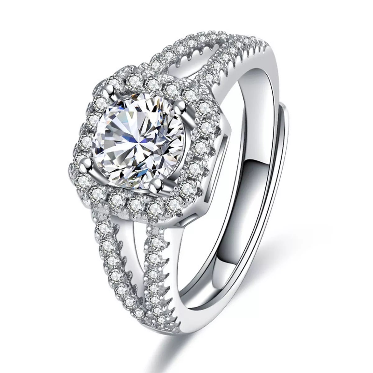 Silver 925 sterling silver moissanite halo ring close-up, pavé edge and round center stone