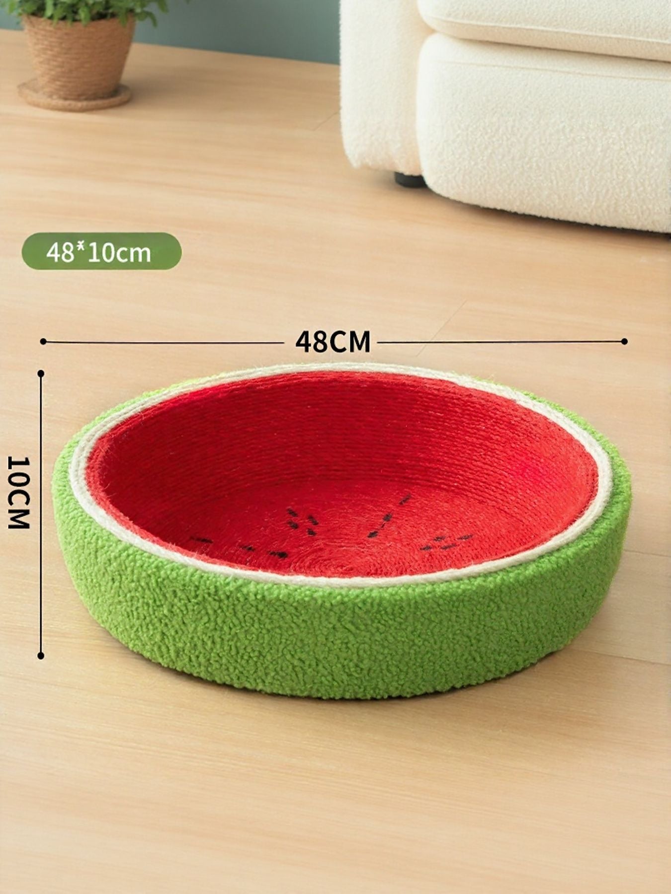 Watermelon-shaped cat scratching nest with red bowl center and green cushion base