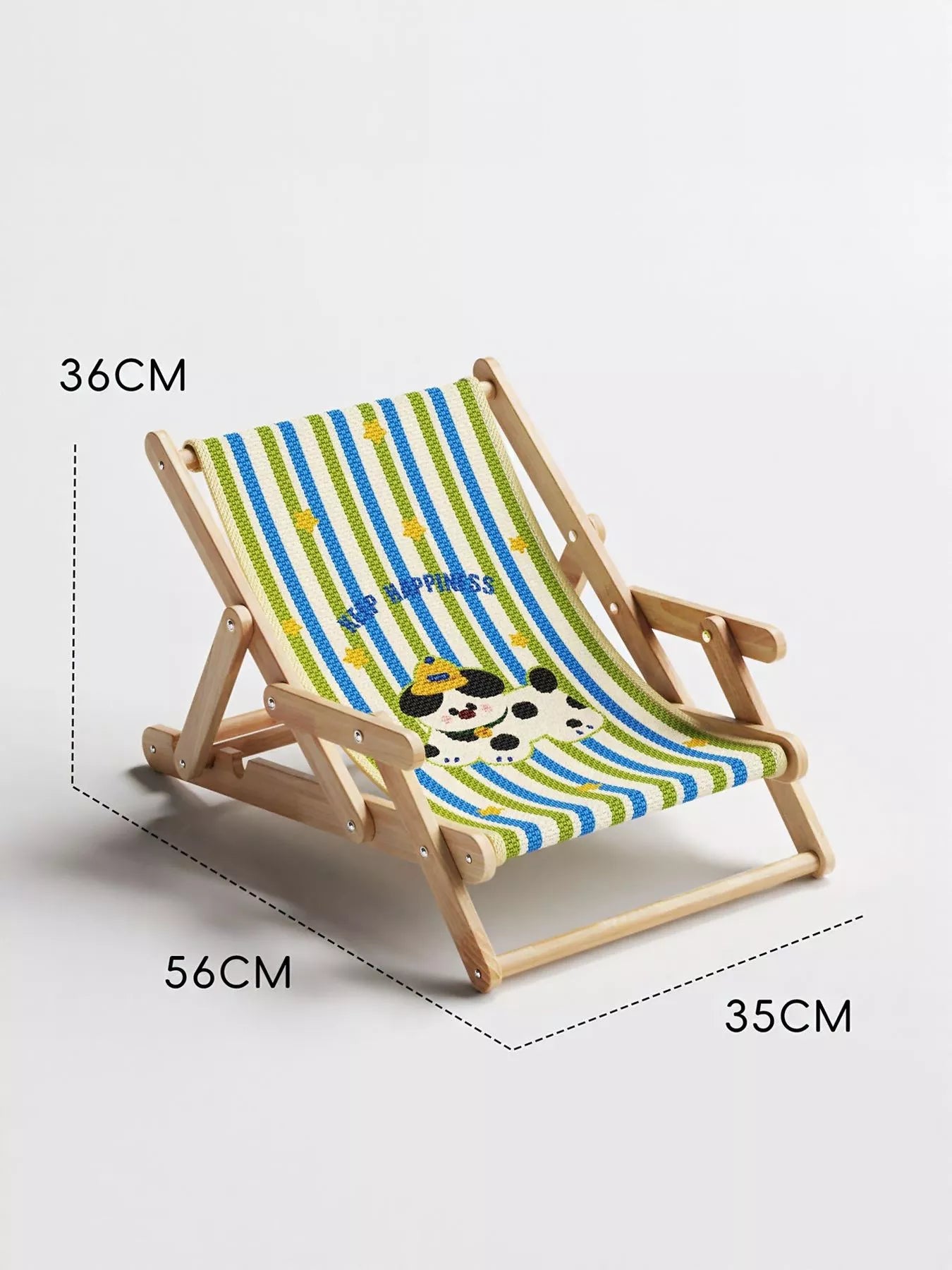 Wooden pet chair with striped puppy pattern cushion, side view
