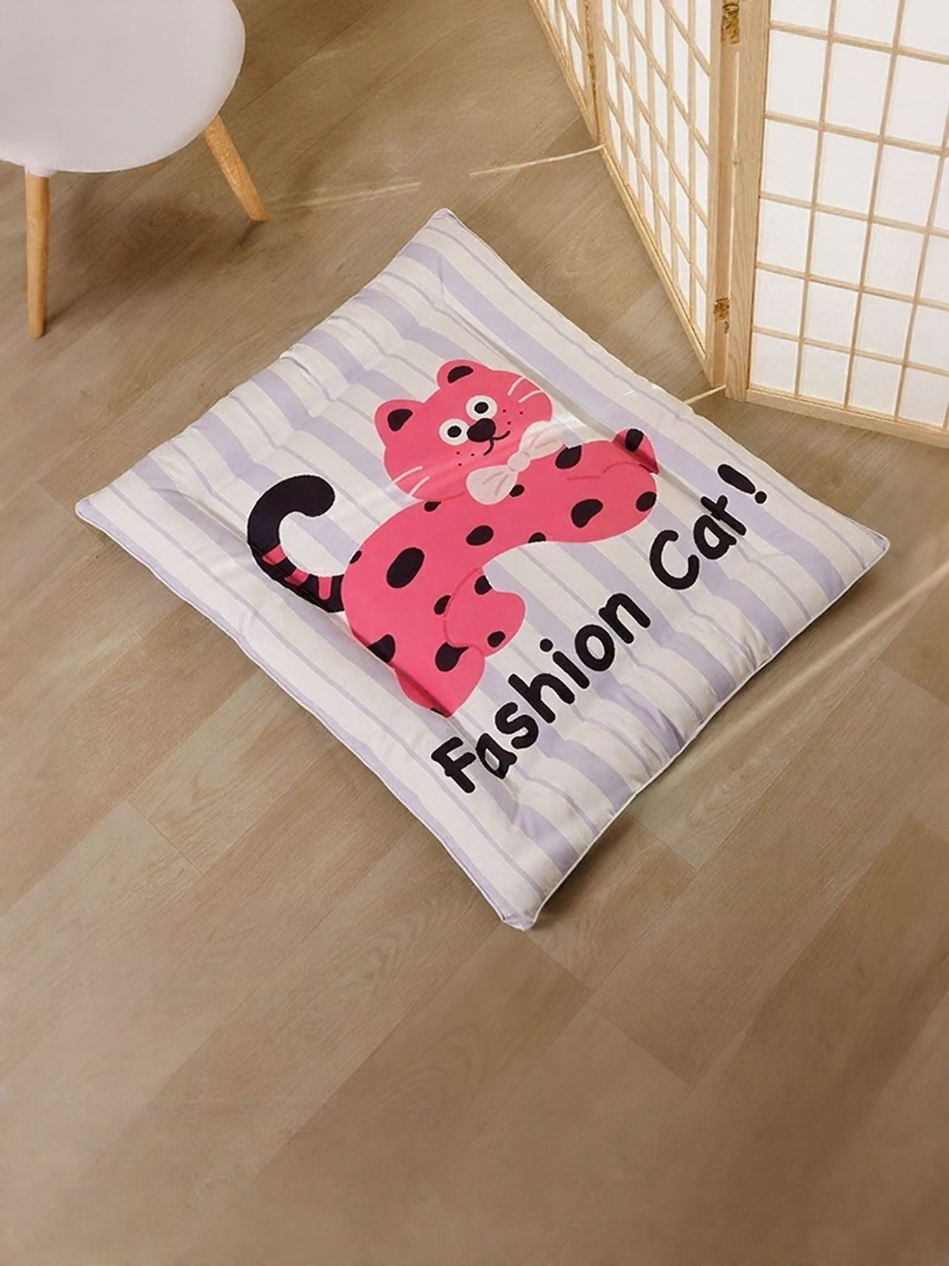 Cat Striped Pet Mat & Bed in pink-and-white stripes with ladybug cat graphic