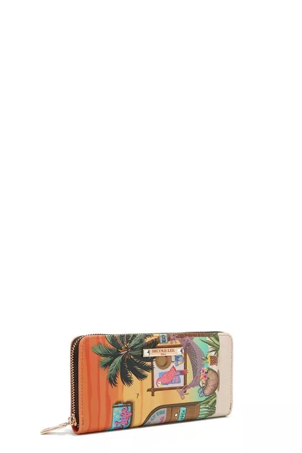Tropical printed long zip wallet with palm trees and cream back panel