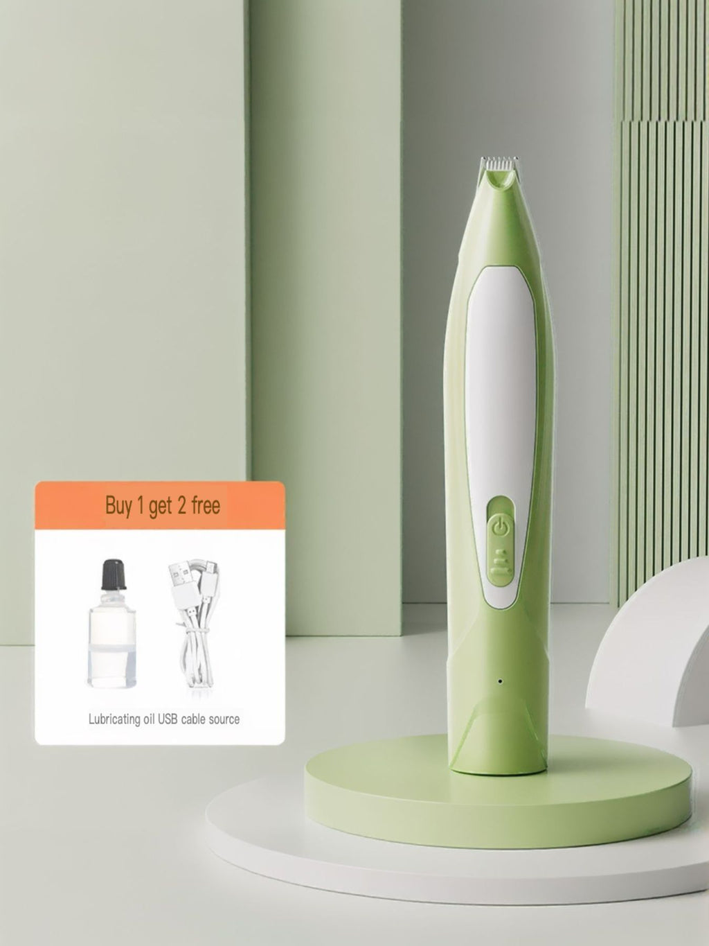 LED rechargeable pet paw trimmer in light green, upright on display