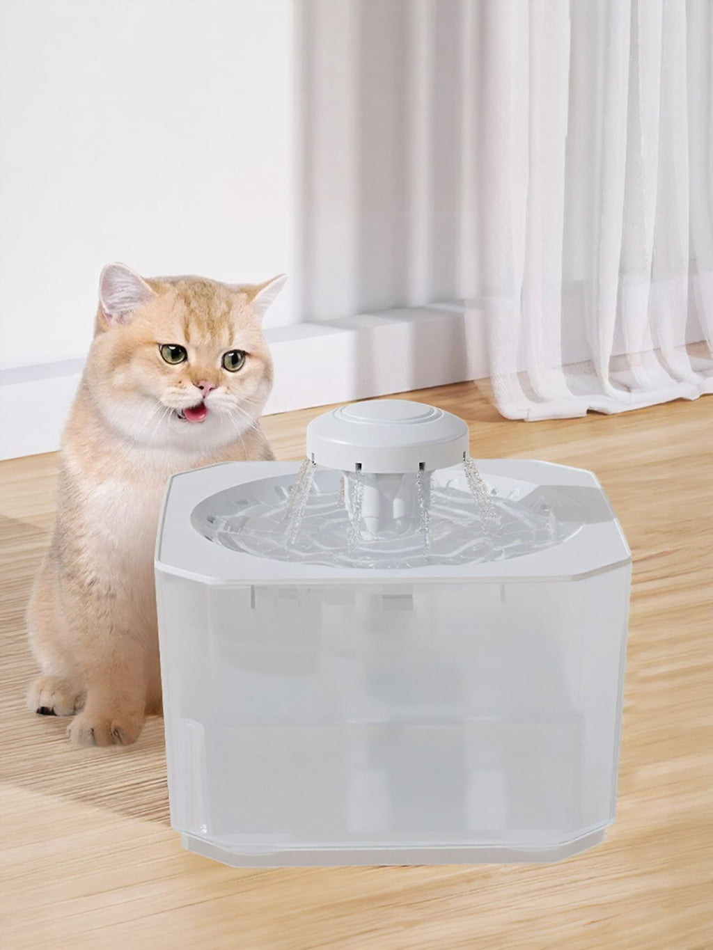 Pet water fountain with white nozzle, clear top panel and rectangular water tank
