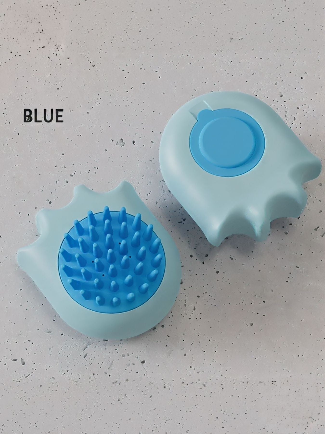 Blue bath brush set: two light-blue grooming pads with blue spiky scrub bristles