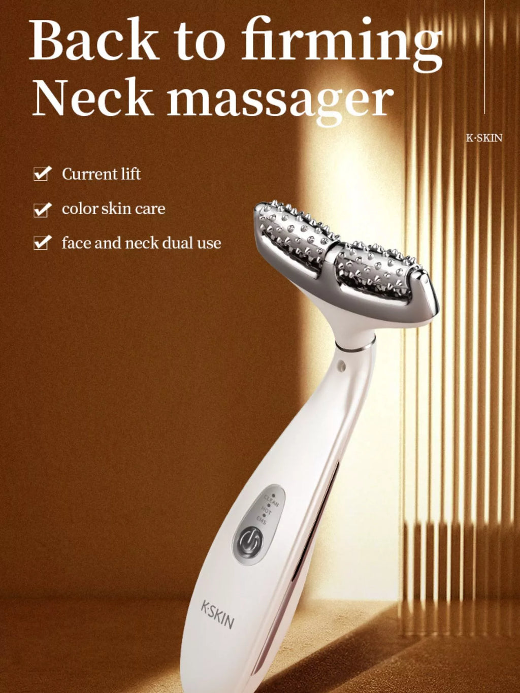 White neck massager with dual roller head, positioned for face and neck use