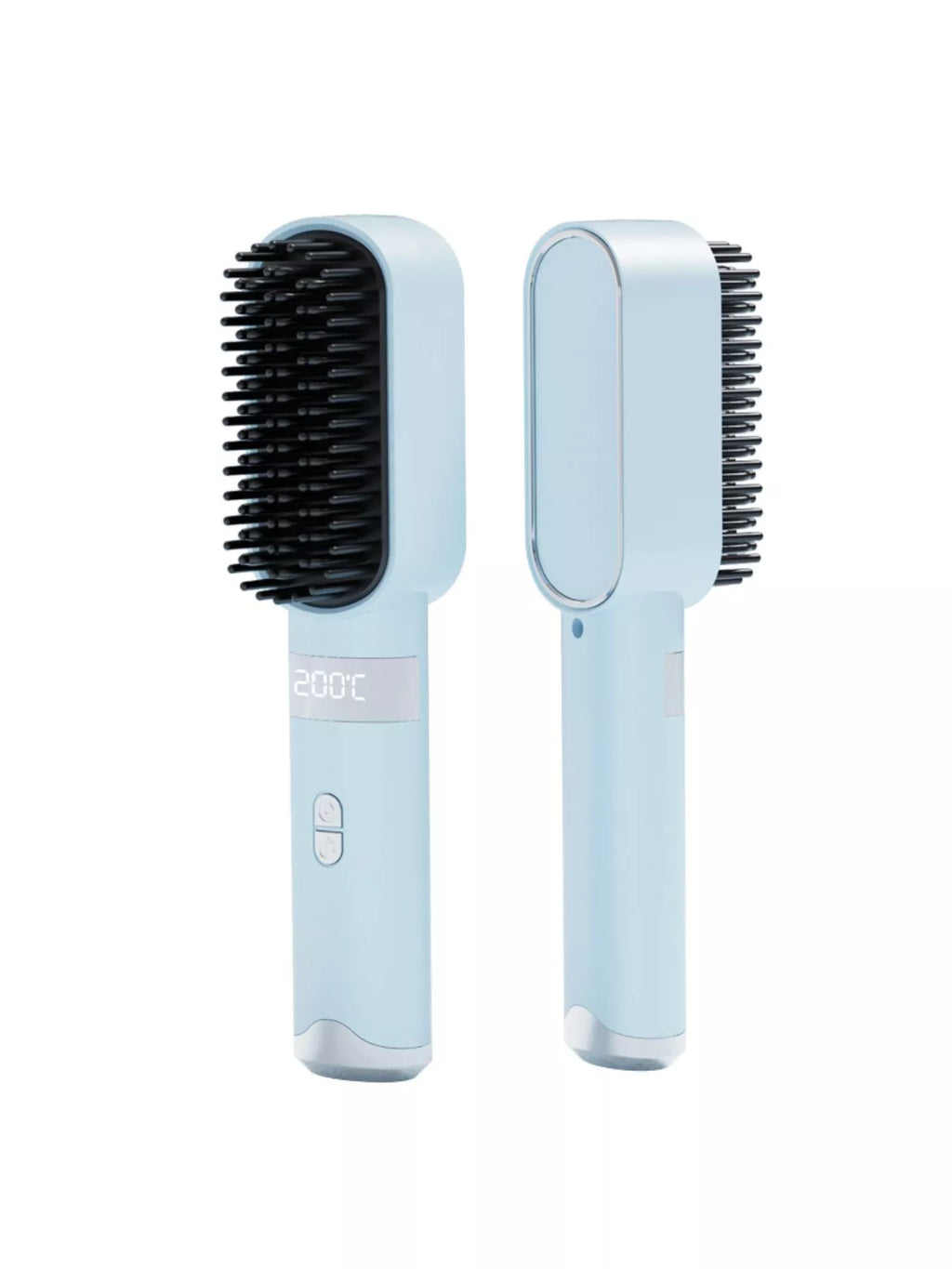 Light blue heated straightening comb, front and side views with black bristles