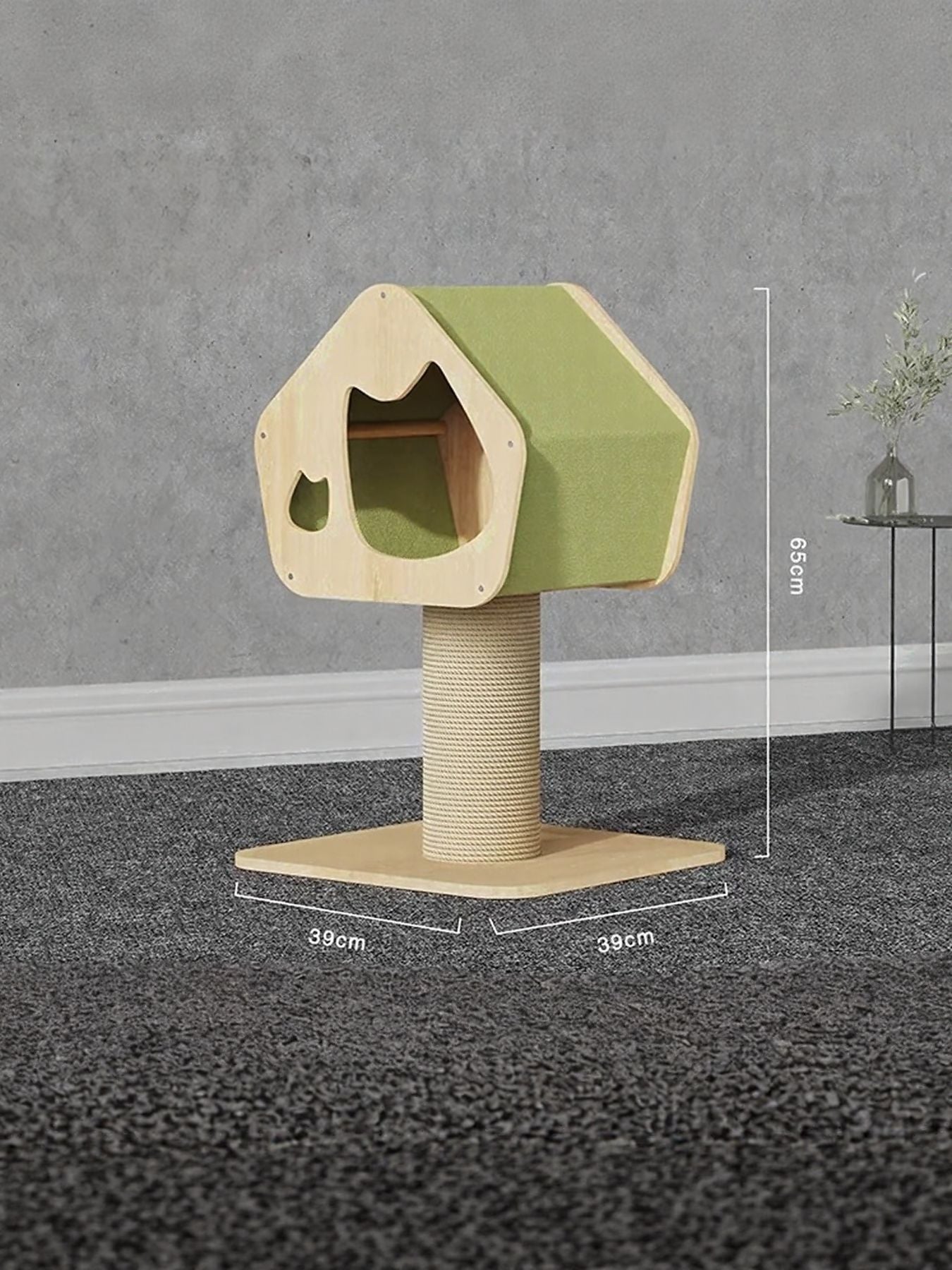 Wooden cat condo with green house and sisal scratching tower; dimensions shown: 39cm base