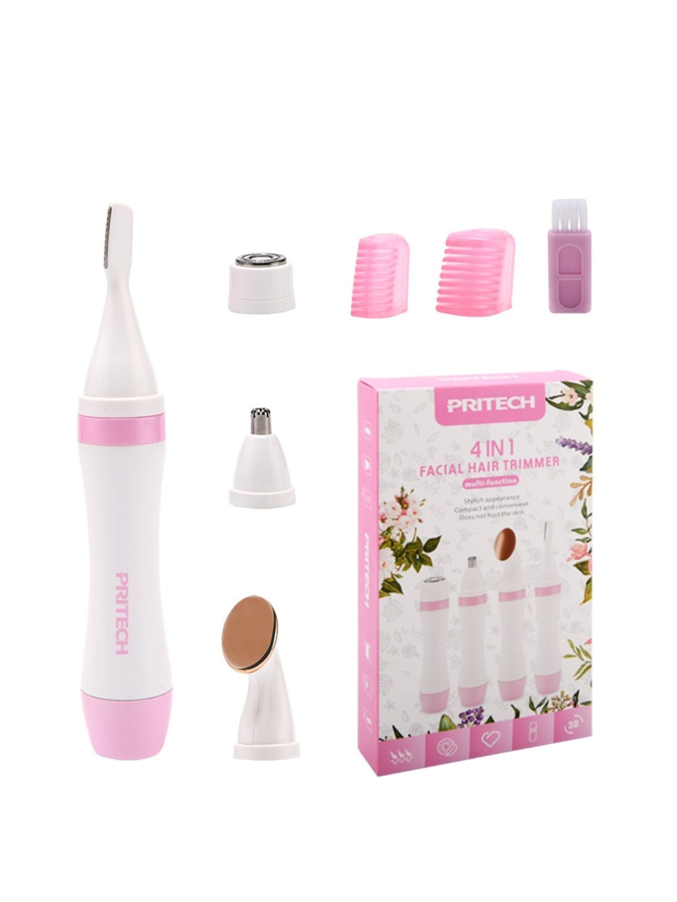 4-in-1 Nose Hair Trimmer (Pink) with angled stainless blade head