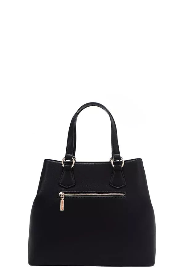 Black monogram handbag with top handles and gold-tone front zipper pocket