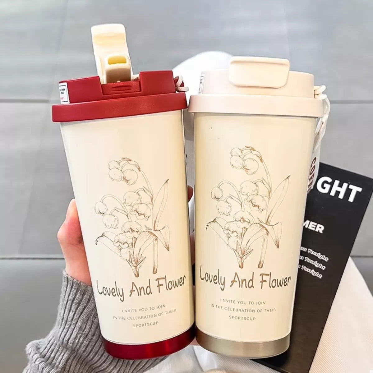 Lovely and Flower tumbler with straw, cream body and red lid and base