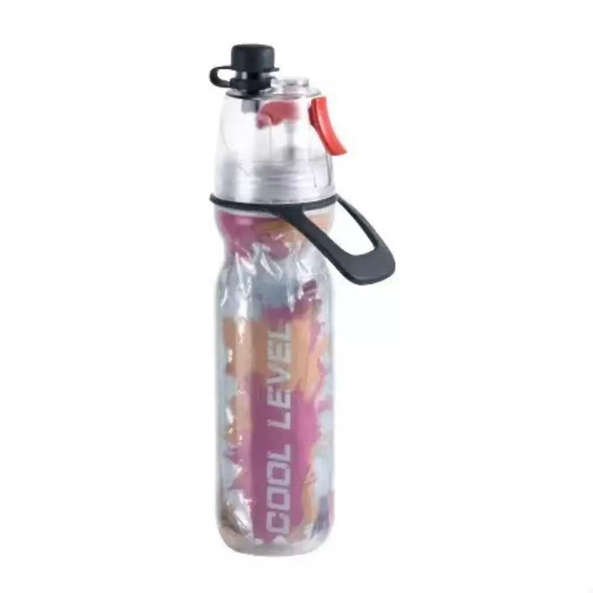 Red spray sports water bottle with black trigger handle and flip spout cap