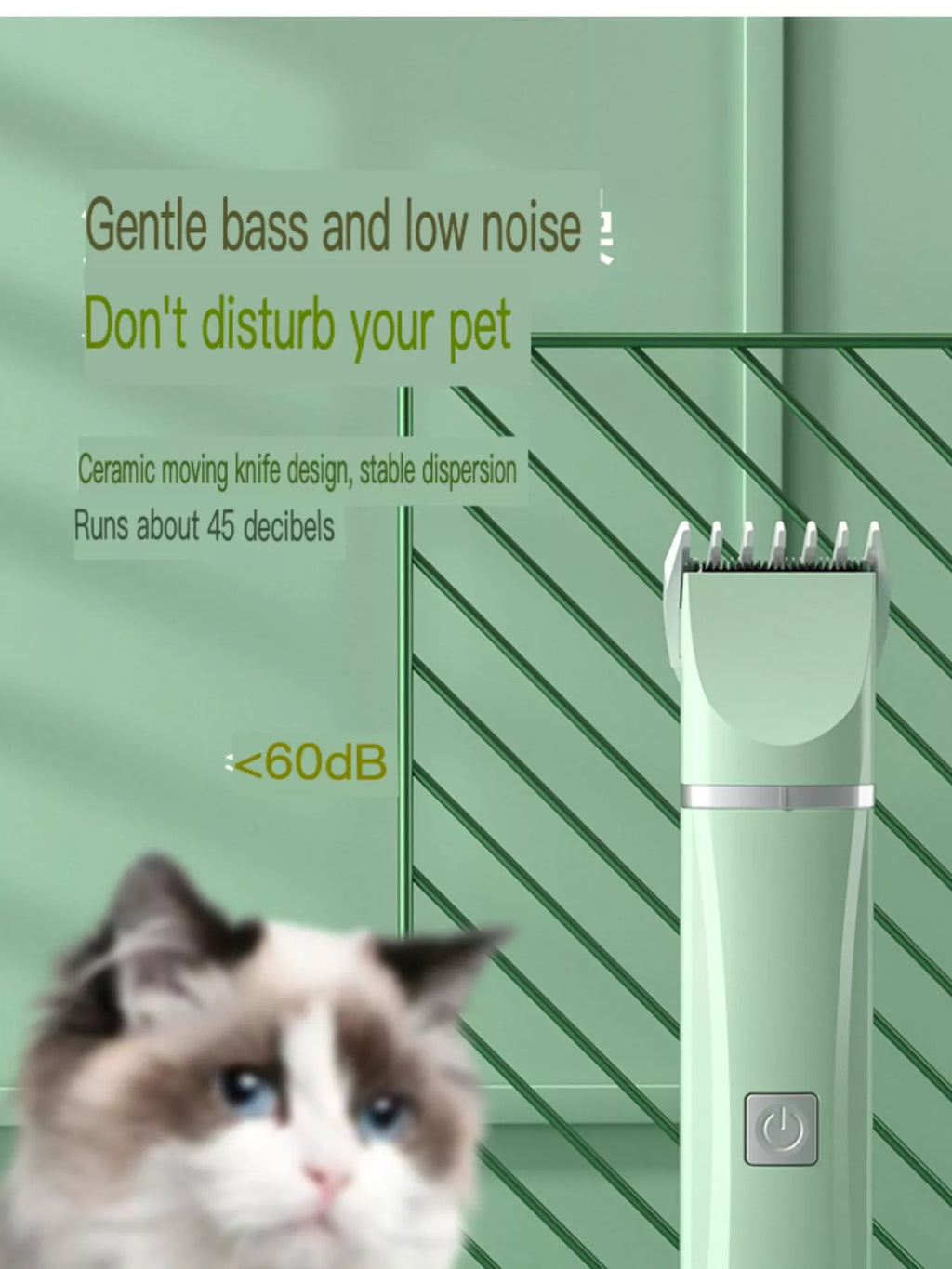 Pet grooming kit with low-noise design featuring a front power button