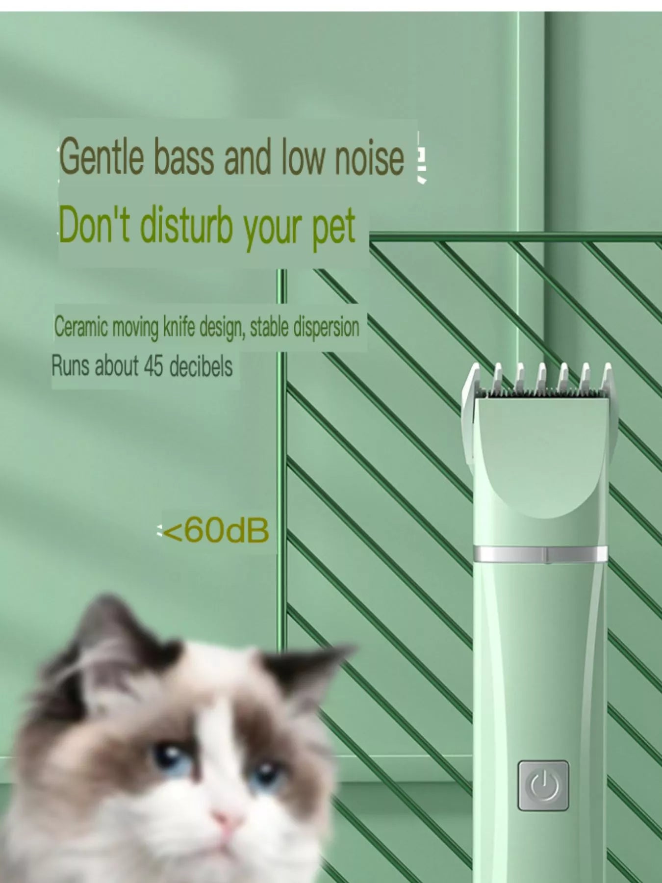 Pet grooming kit with low-noise design featuring a front power button