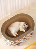 Round cat scratching lounge bed with cartoon border, cardboard scratch surface