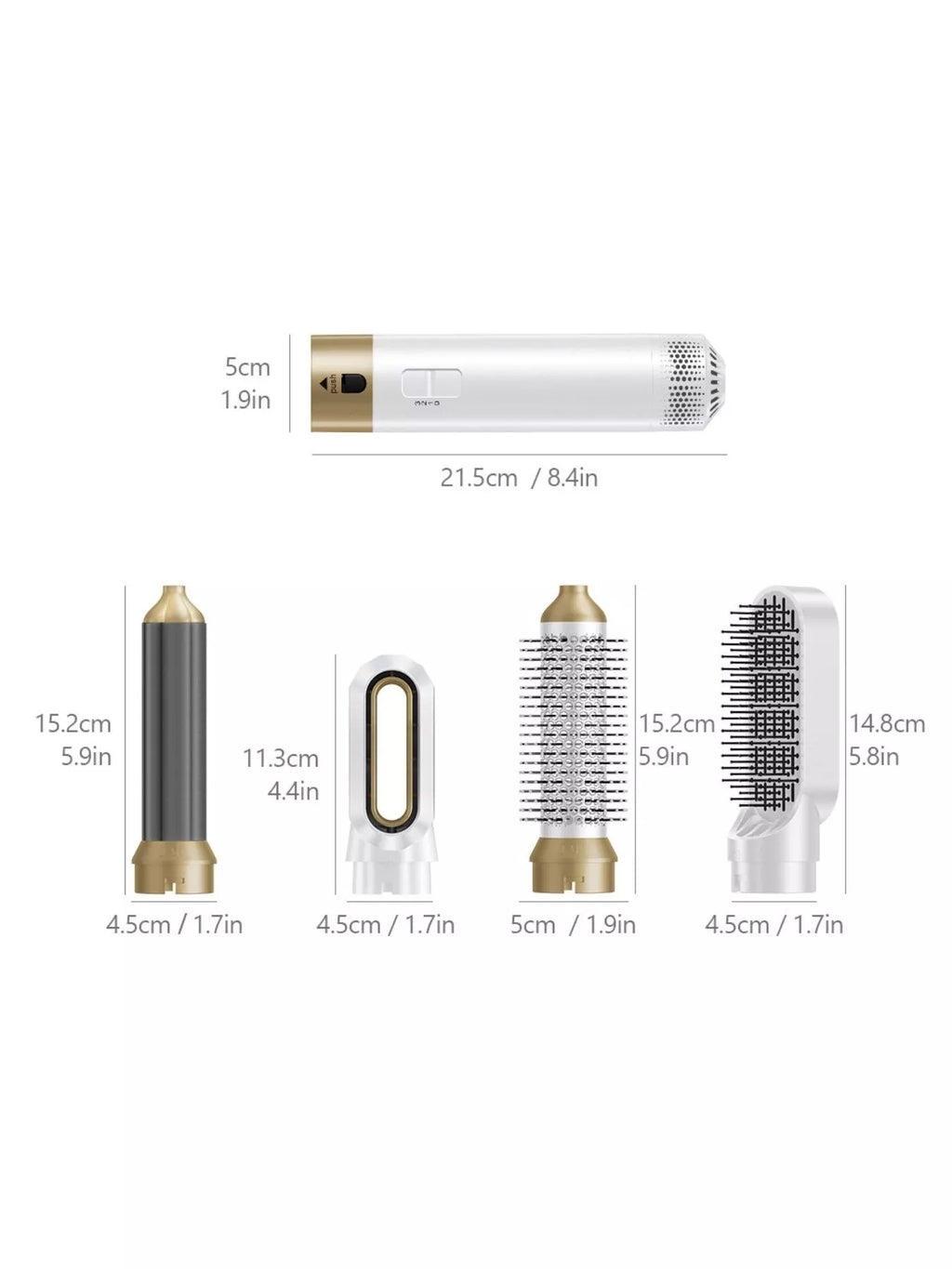 Interchangeable hot air brush and 4 nozzle heads with size dimensions shown