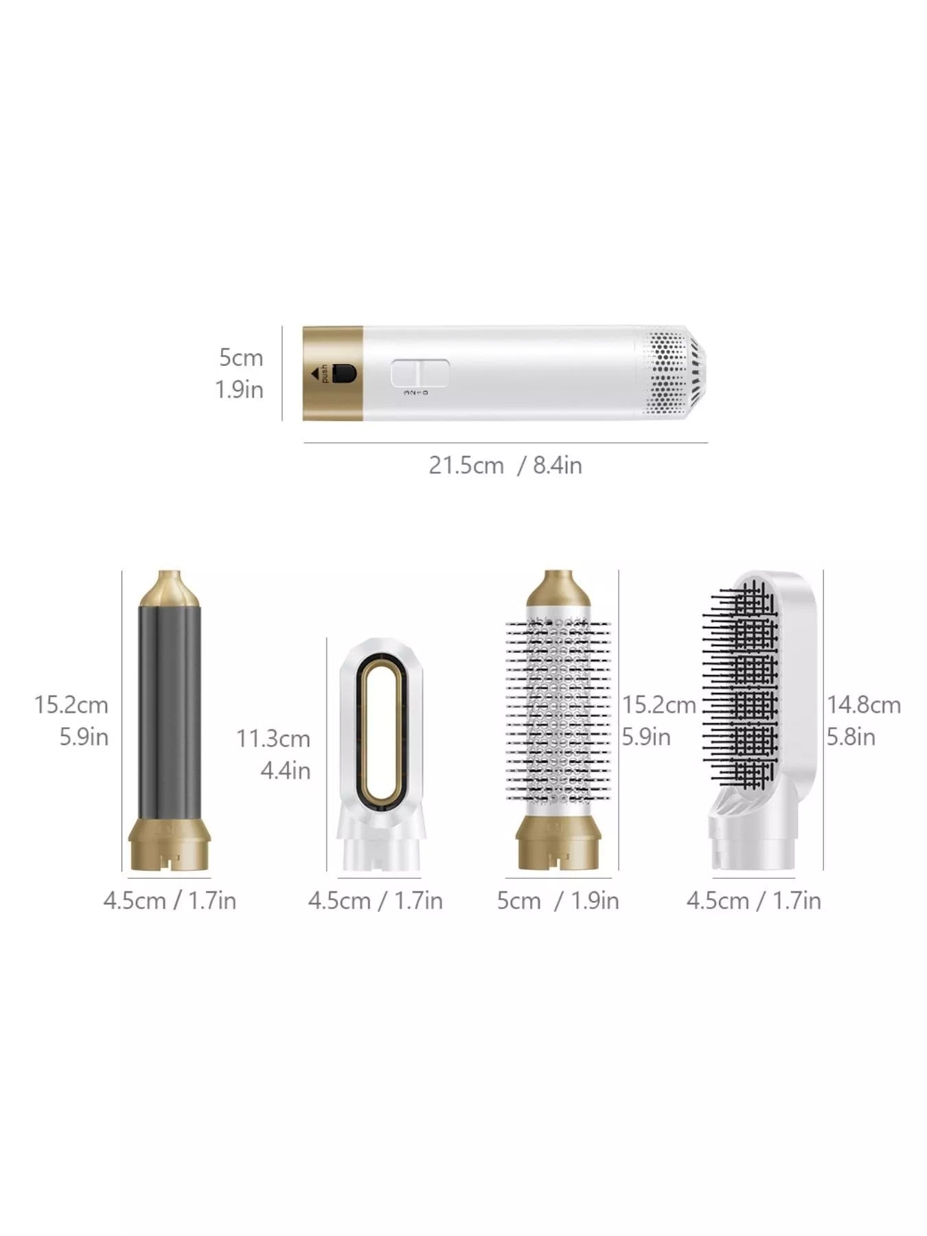 Interchangeable hot air brush and 4 nozzle heads with size dimensions shown