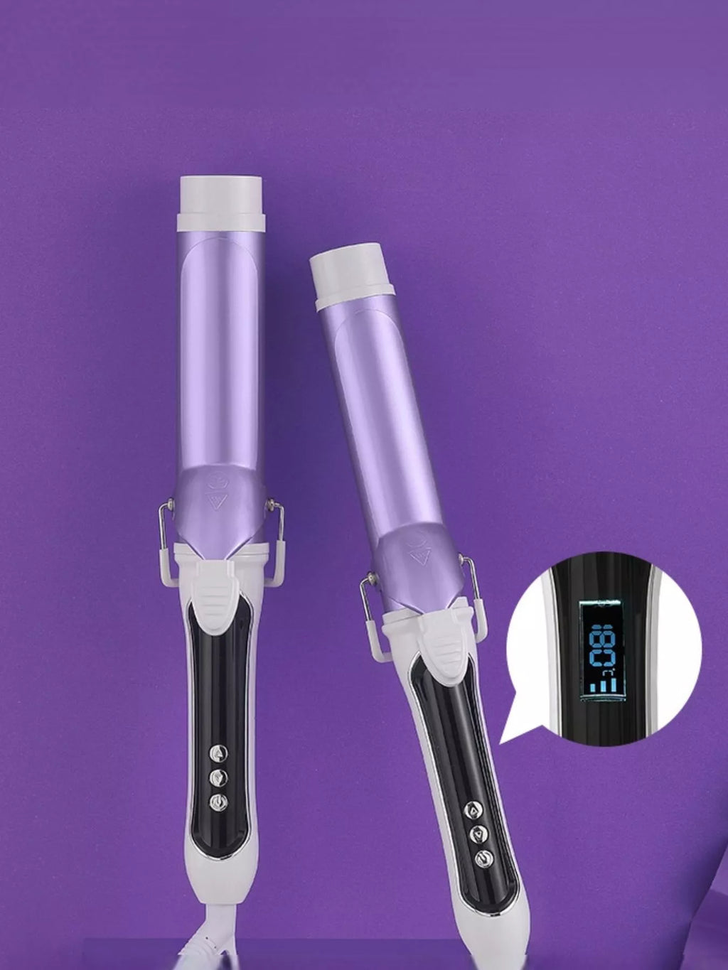 Purple automatic rotating ceramic curling iron with digital display inset.