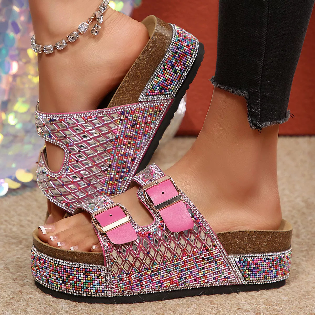 Rhinestone sandals with crisscross straps, two buckle closures, multicolor wedge platform
