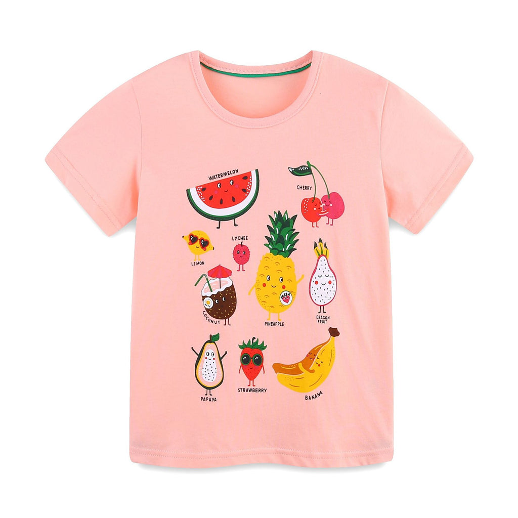 Coral pink kids short-sleeve T-shirt with tropical fruit animal graphic