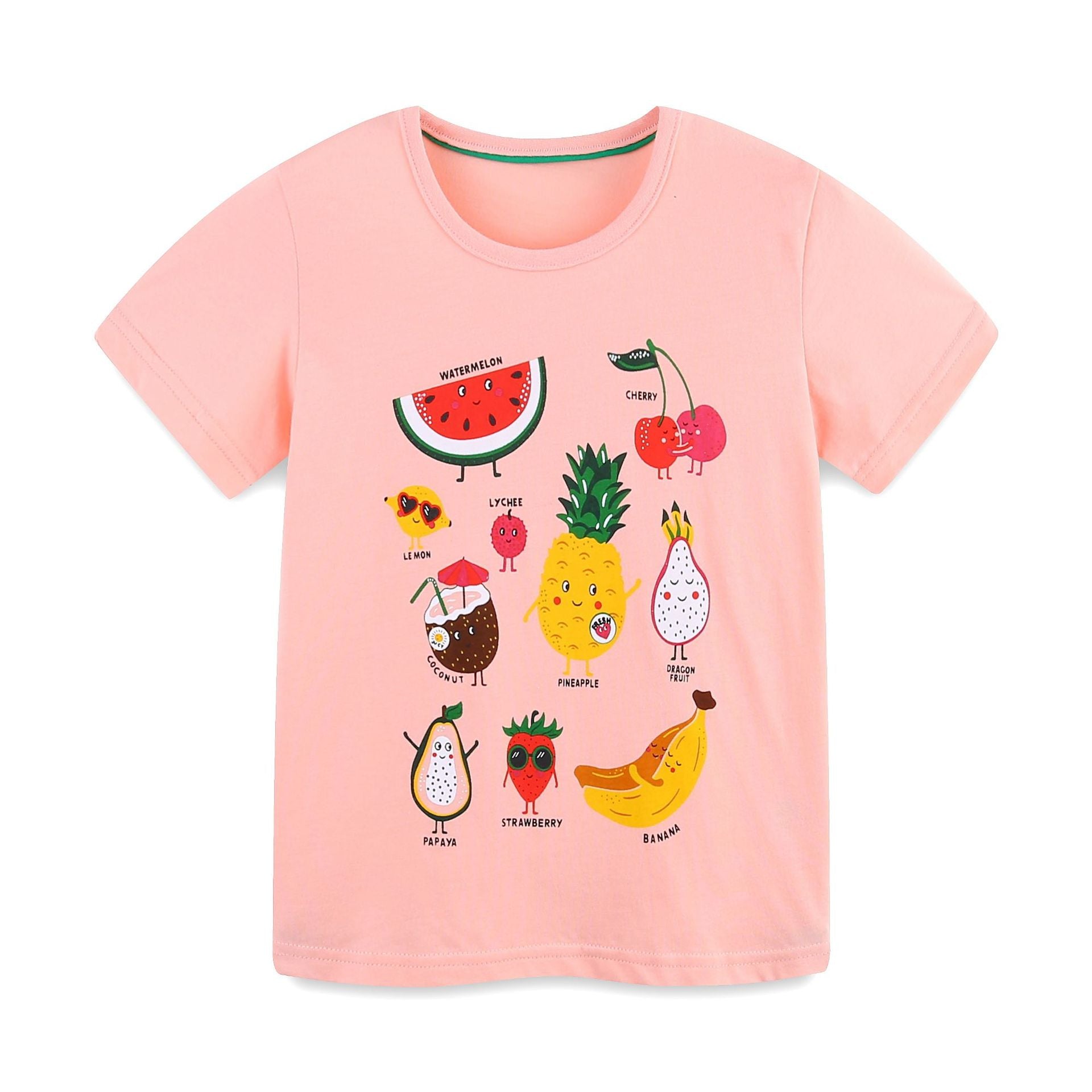 Coral pink kids short-sleeve T-shirt with tropical fruit animal graphic