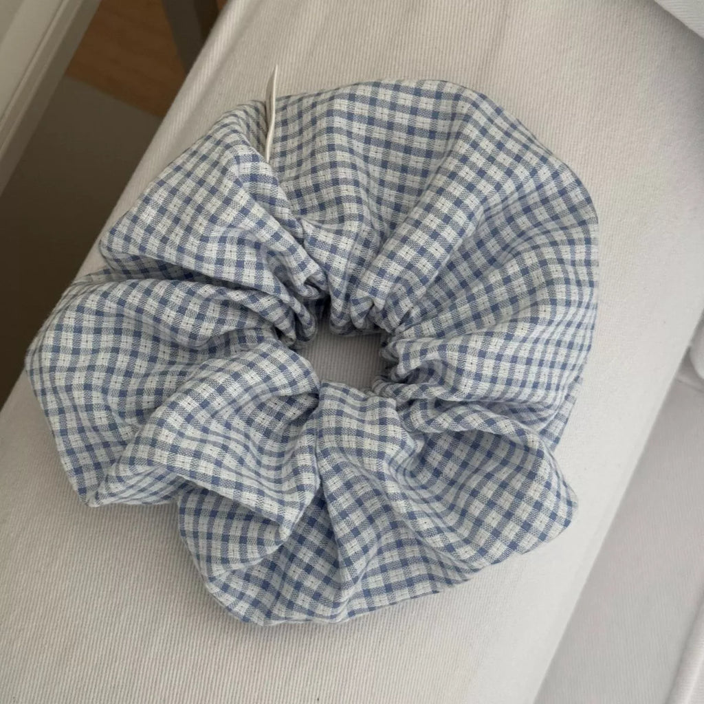 Light blue gingham hair scrunchie, tied bow style