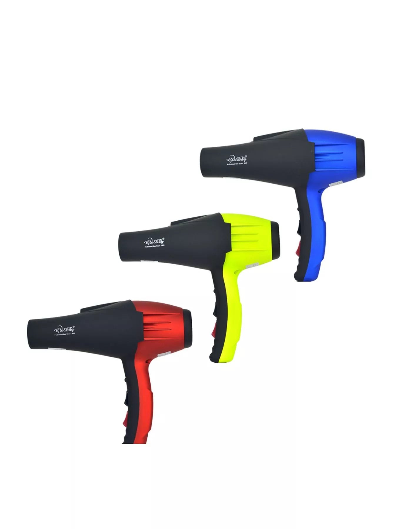 Multi-speed hair dryers in blue, red, and neon green with black nozzle housings