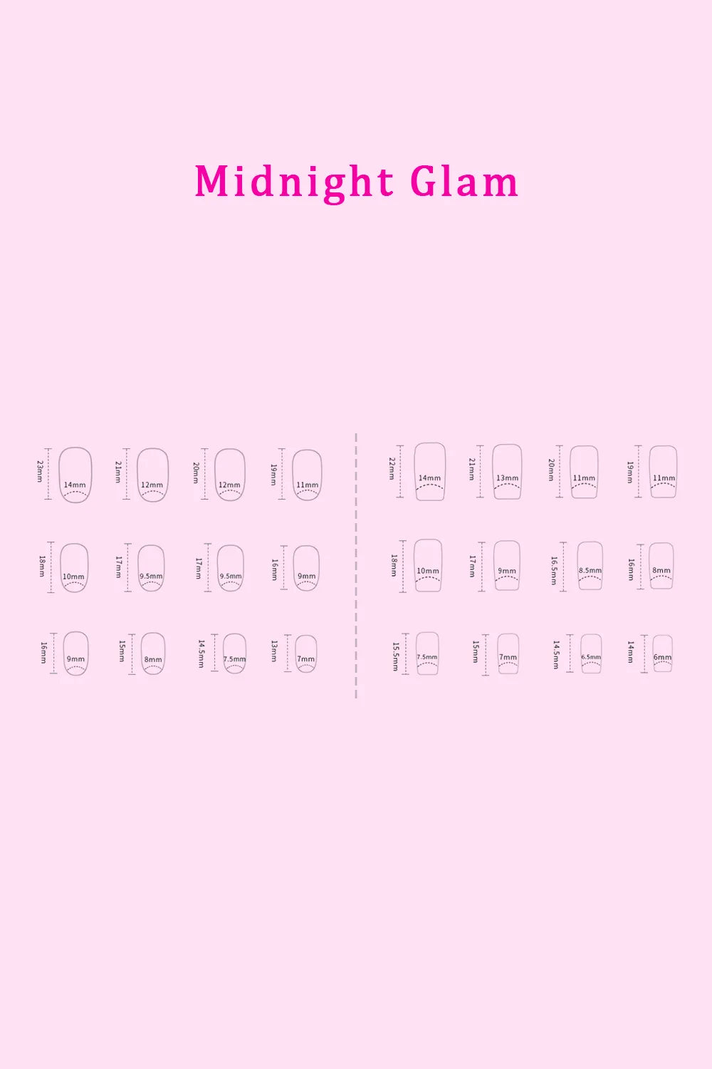 Midnight Glam press on nails size chart with multiple nail shapes and lengths