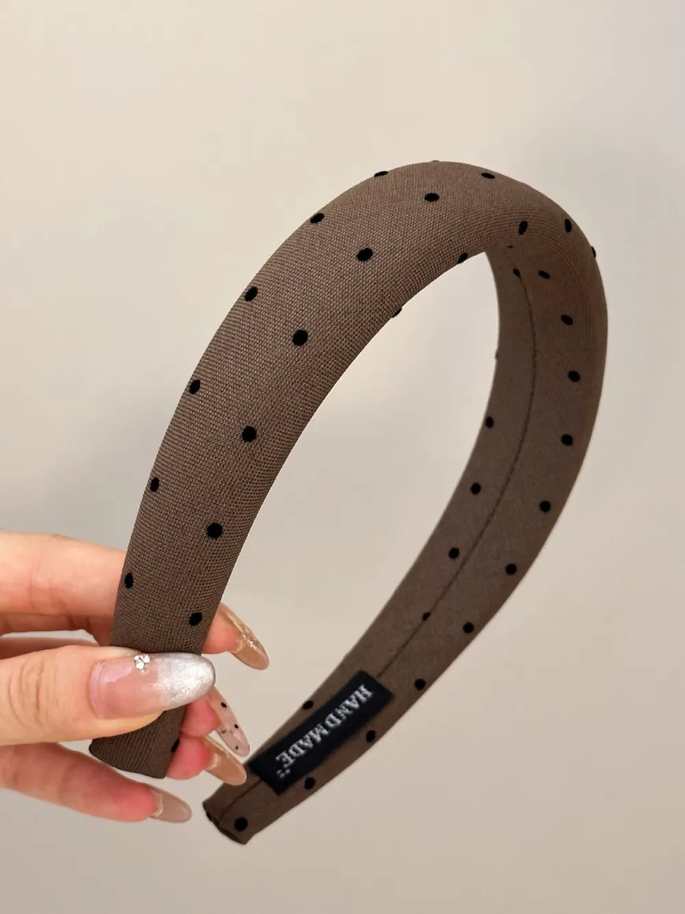 Coffee brown polka dot wide polyester headband with black dots