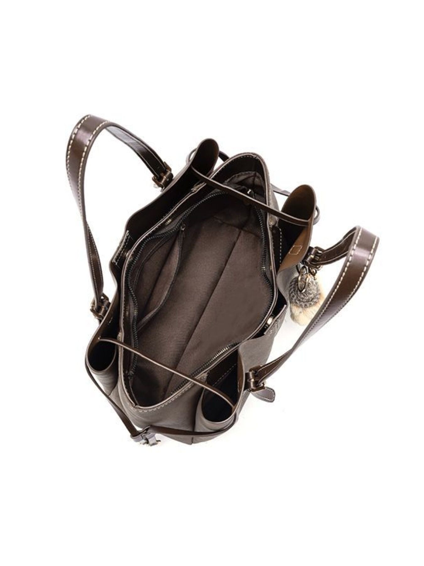 Brown shoulder bag open interior with inner pockets and adjustable straps