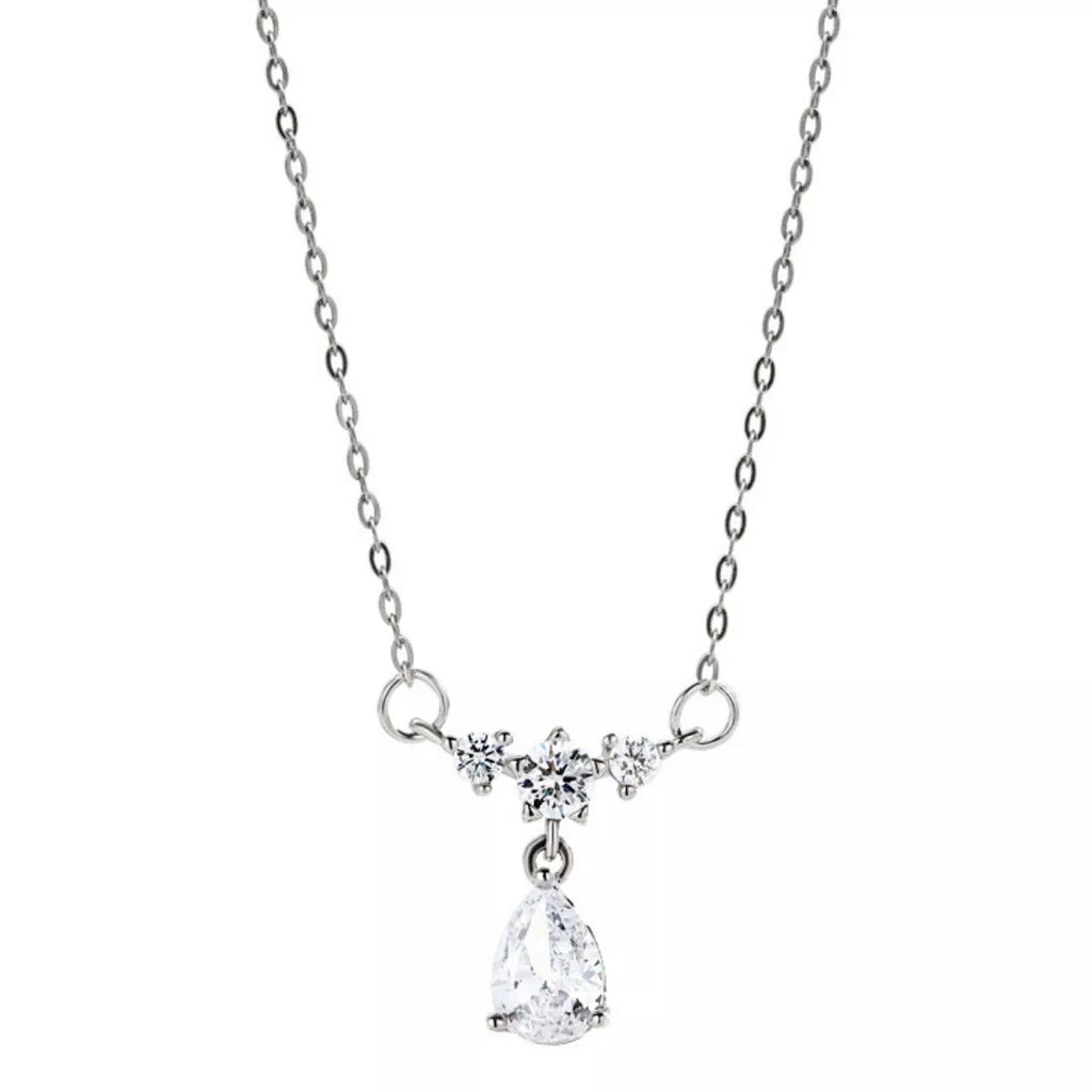 Sterling silver teardrop zircon necklace, teardrop pendant with clustered stones at the center