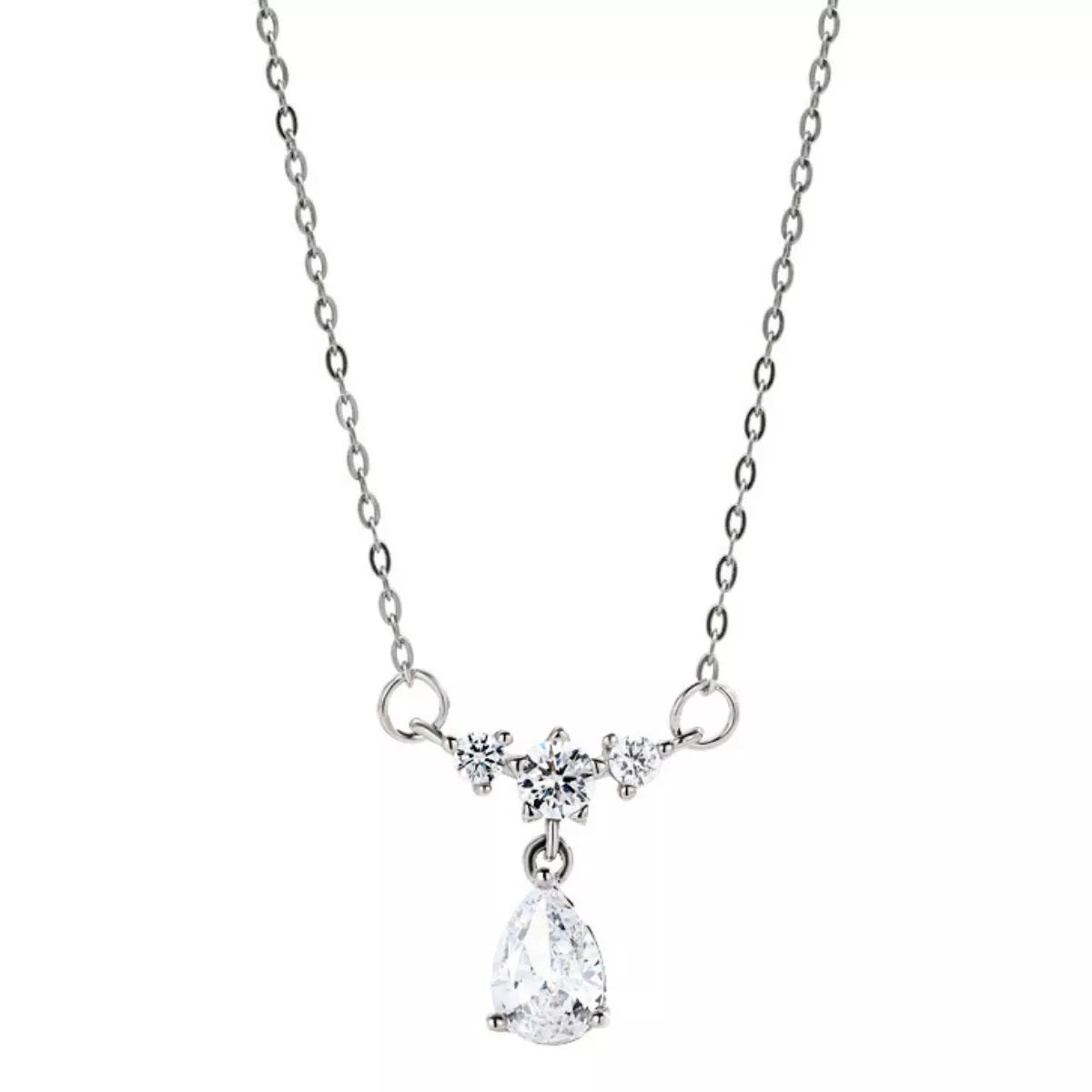 Sterling silver teardrop zircon necklace, teardrop pendant with clustered stones at the center