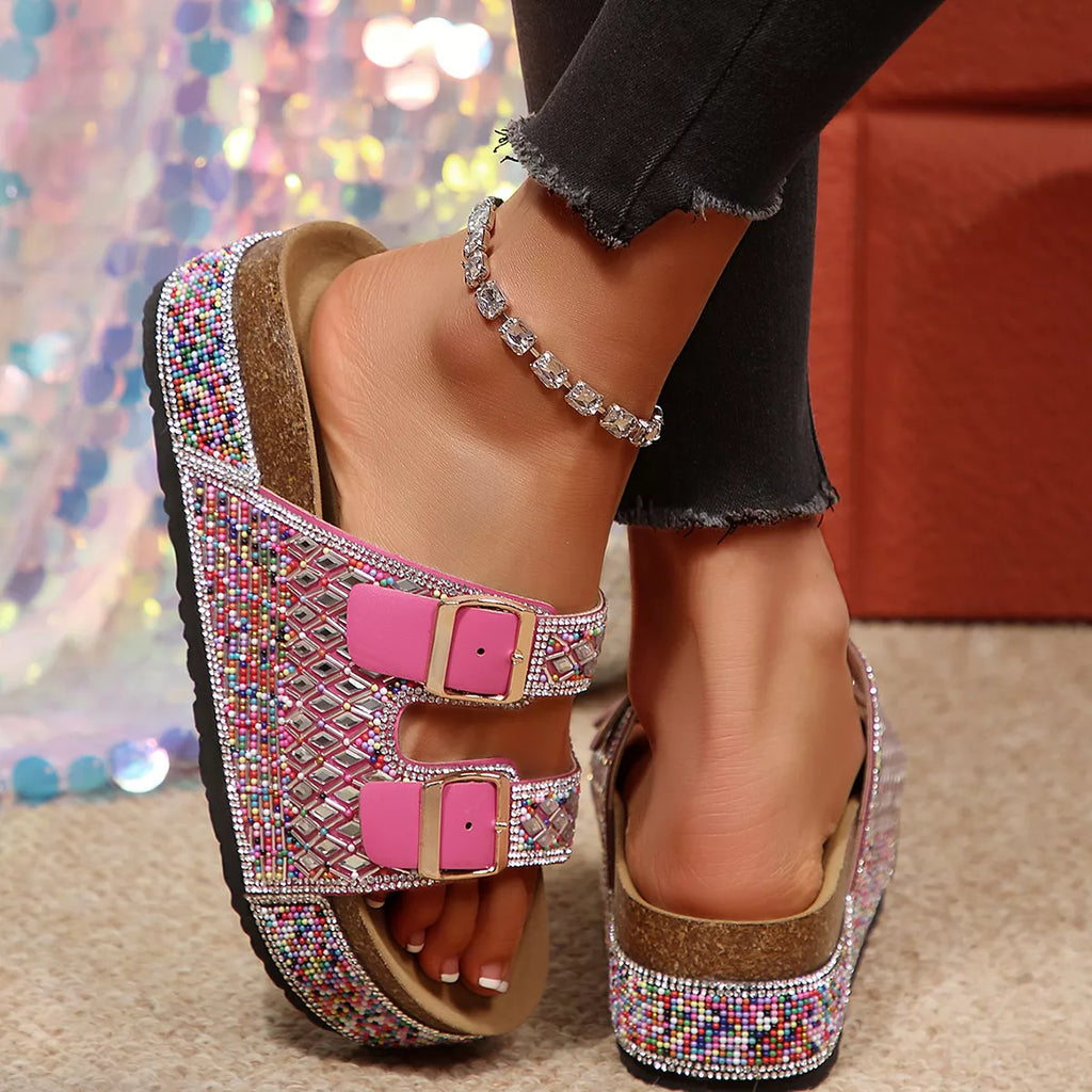 Multicolor rhinestone sandals with two adjustable buckle straps and open toe