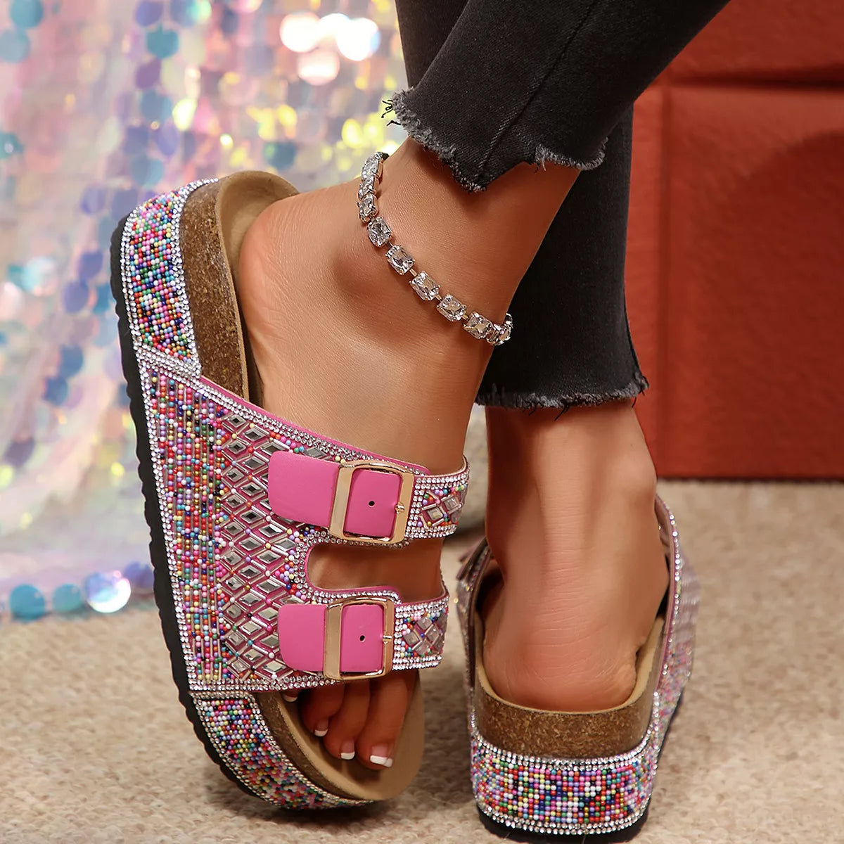 Multicolor rhinestone sandals with two adjustable buckle straps and open toe