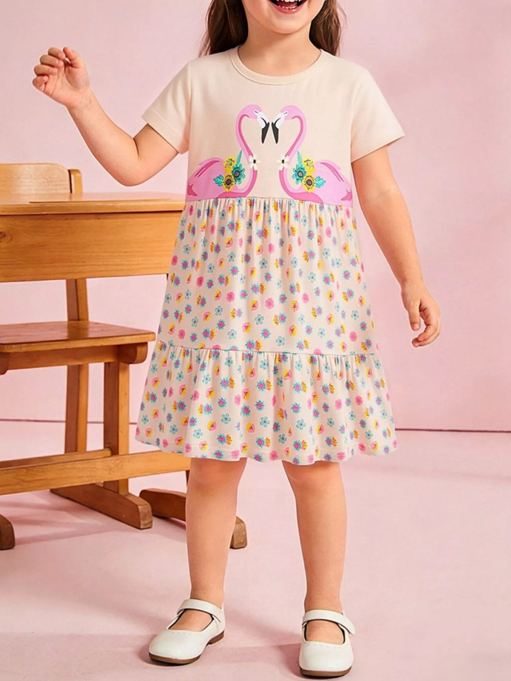 Flamingo tiered casual dress in eggshell with colorful floral print