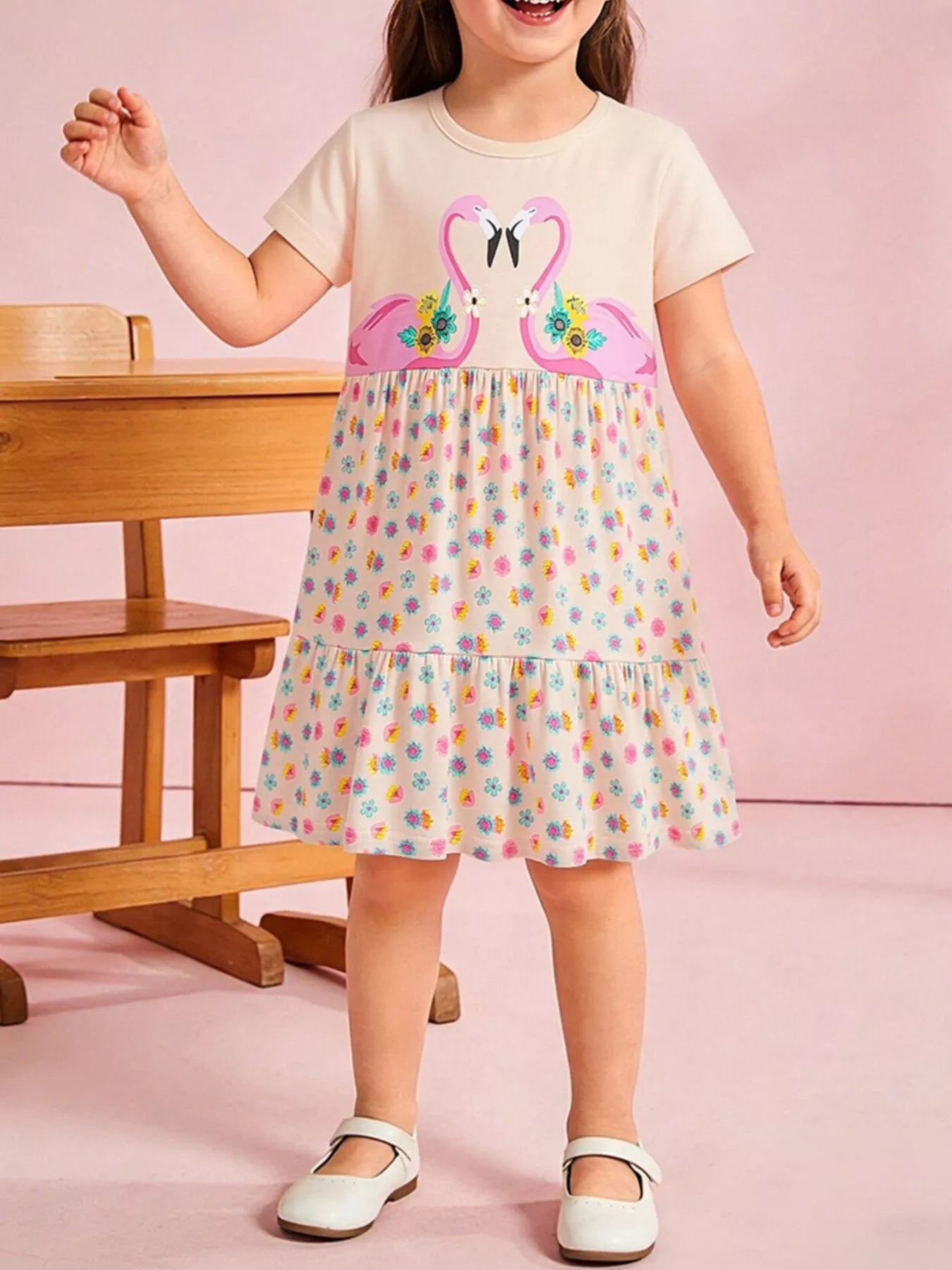 Flamingo tiered casual dress in eggshell with colorful floral print