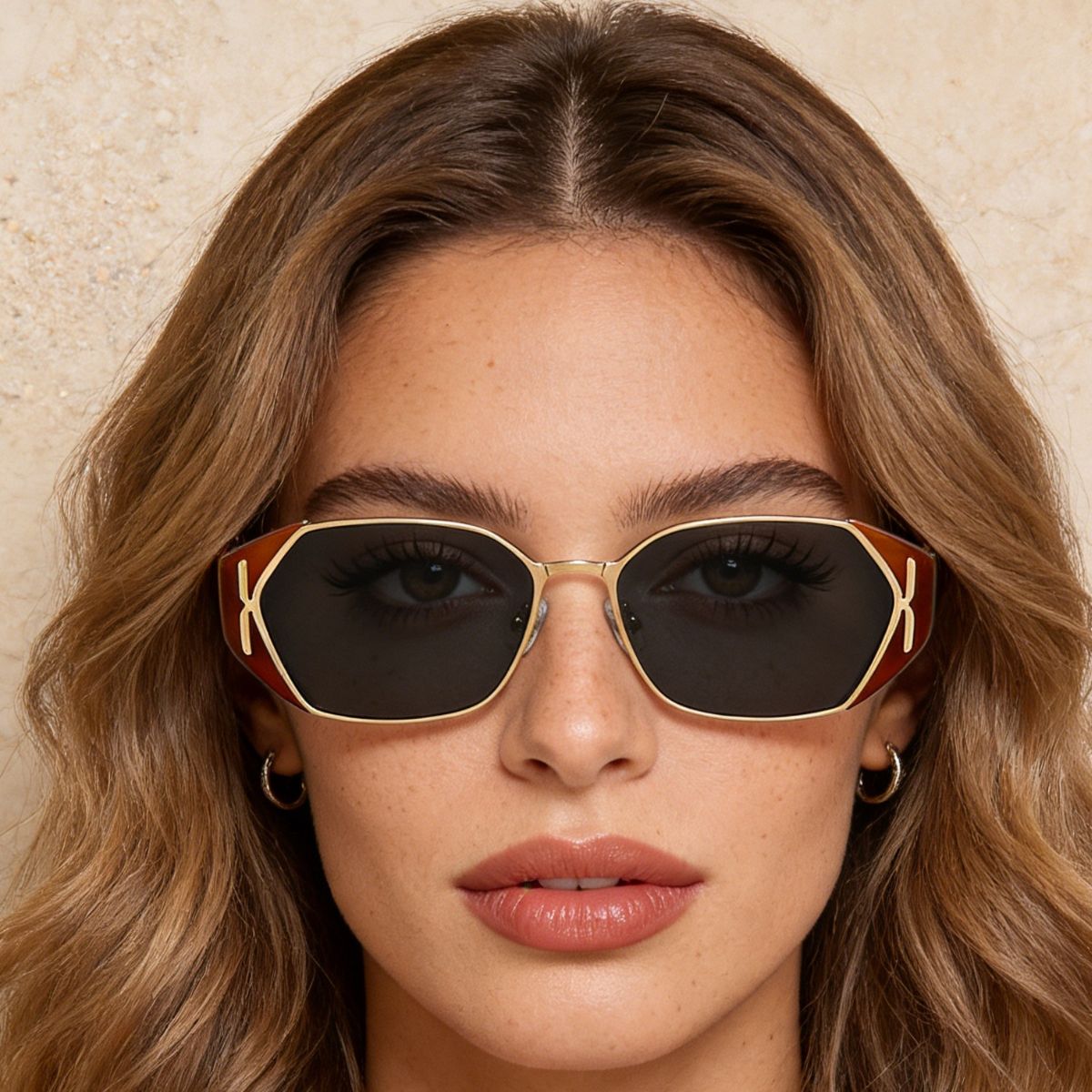 Geometric UV sunglasses, terracotta accents on gold frame and dark lenses.