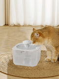 Automatic pet water fountain with white nozzle and clear recirculating water tray