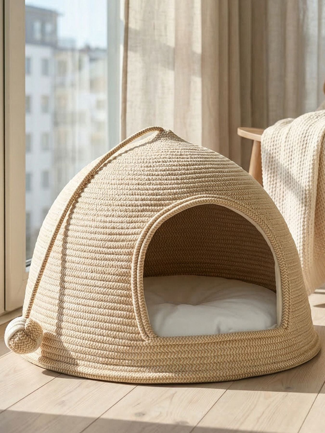 Cream rope dome pet nest, front opening with empty cushion inside