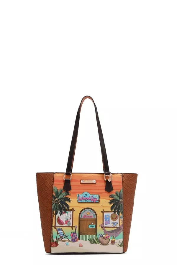 Sun and Sand tote bag with central illustrated graphic and palm tree accents