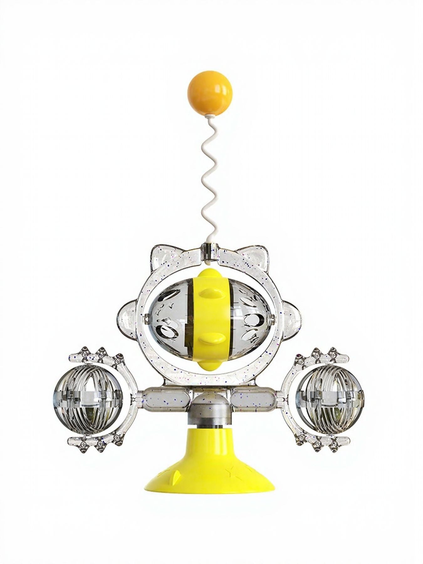 Yellow rotating cat toy set with suction cup, clear side balls and spring wand