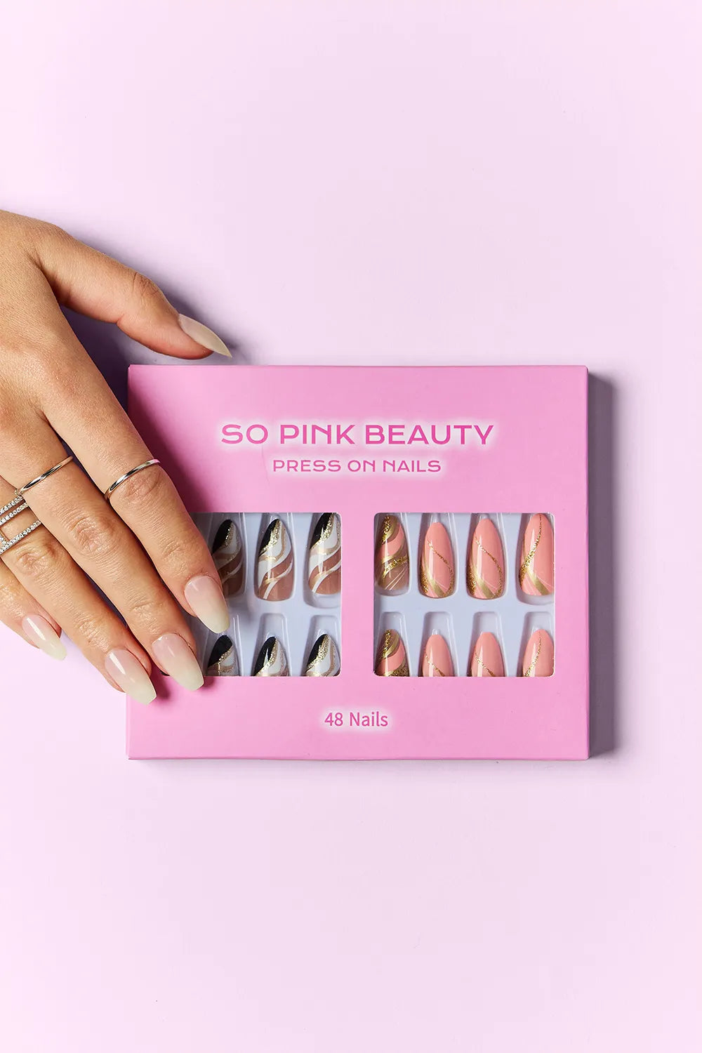 SO PINK BEAUTY press-on nails box, 48 nails, mixed nude and gold designs