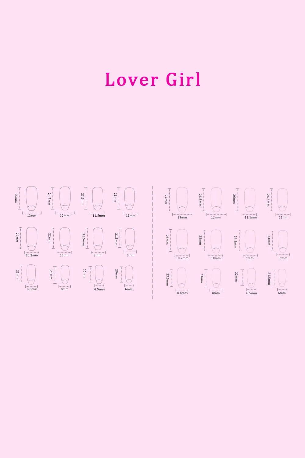 Lover Girl nail set size guide, multiple press-on shapes for fitting