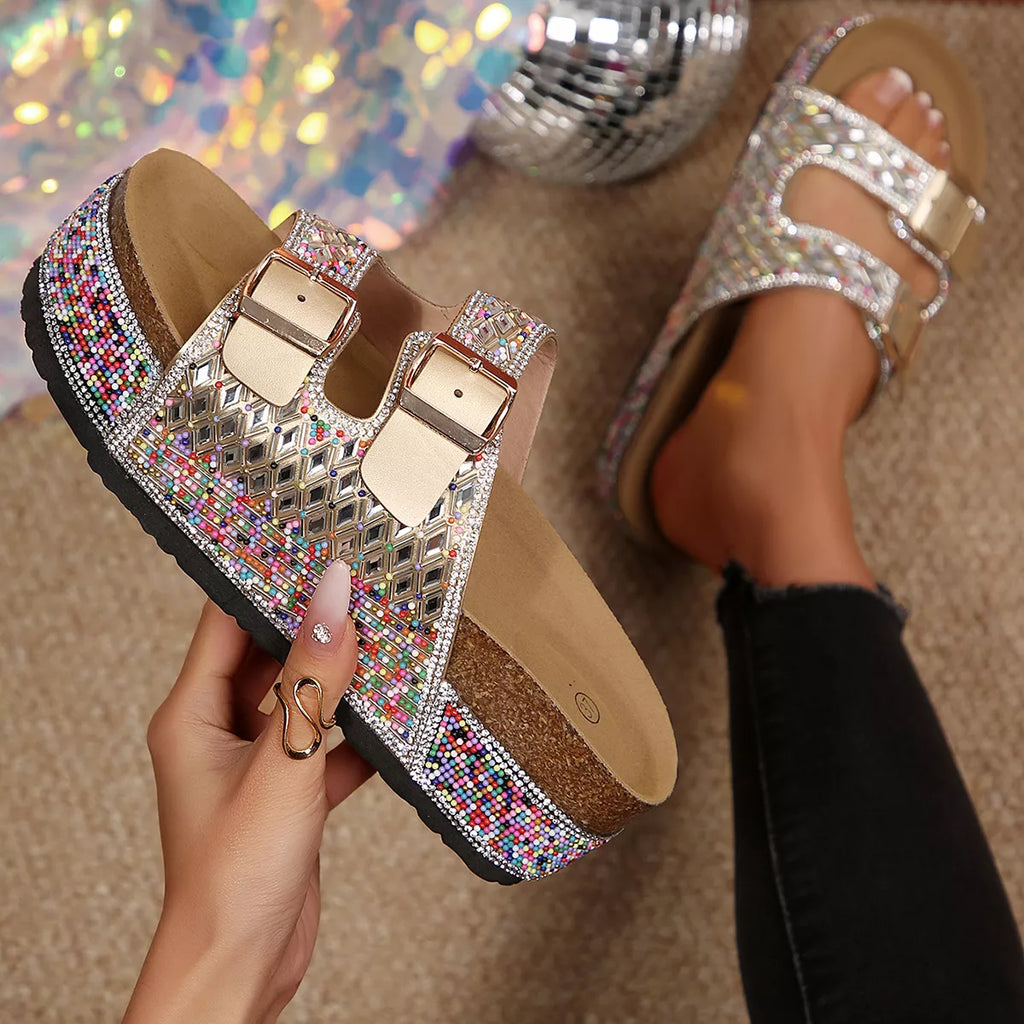 Rhinestone platform sandals with double buckles on multicolor inlaid straps